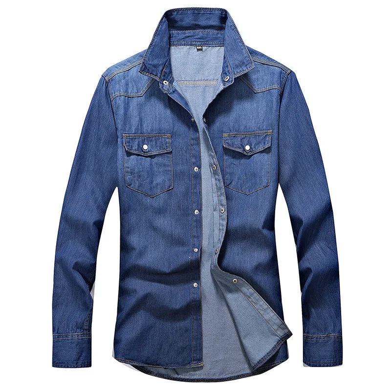 

#4706 Spring 2022 Denim Shirts Men Long Sleeved Slim Fit Blue Denim Cotton Man Shirts High Quality Jeans Shirt Men Thin M-3XL