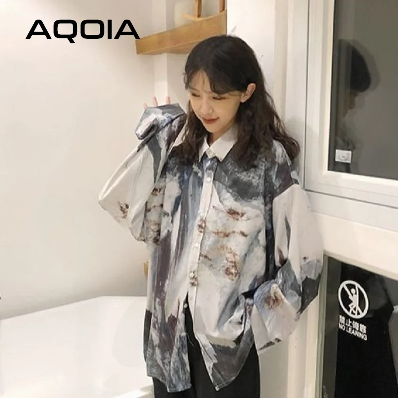 Women\'s Korean Style Chic Abstract Ink Printing Long Sleeve Blouse Shirt Turn Down Collar Loose Ladies Shirt Y2K Spring 2024