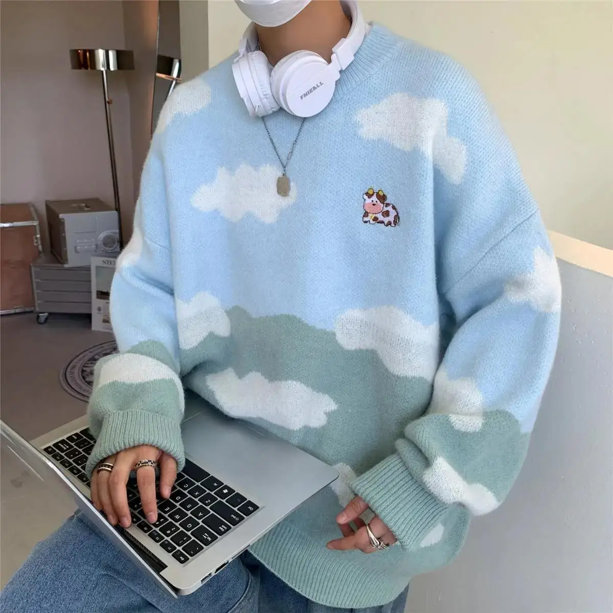 2021 Sky Blue Cute Cow Print Clouds Fashion Sweater Women Winter Clothes Oversized Couples Fashion Knitted Tops Harajuku Kawaii