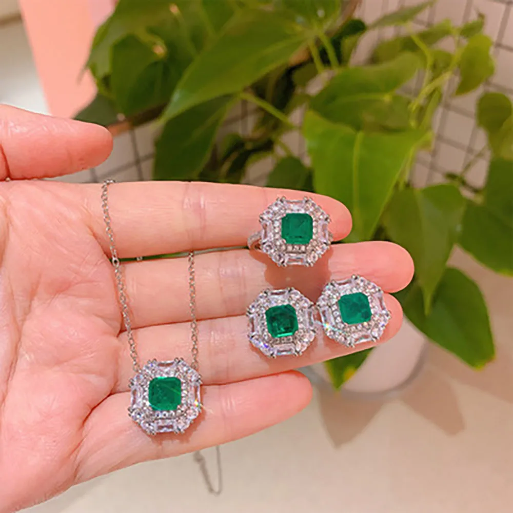 2021 Vintage Gemstone Jewelry Sets for Women 7*7mm Ruby Emerald Lab Diamond Ring Stud Earrings Pendant Necklace Party Statement