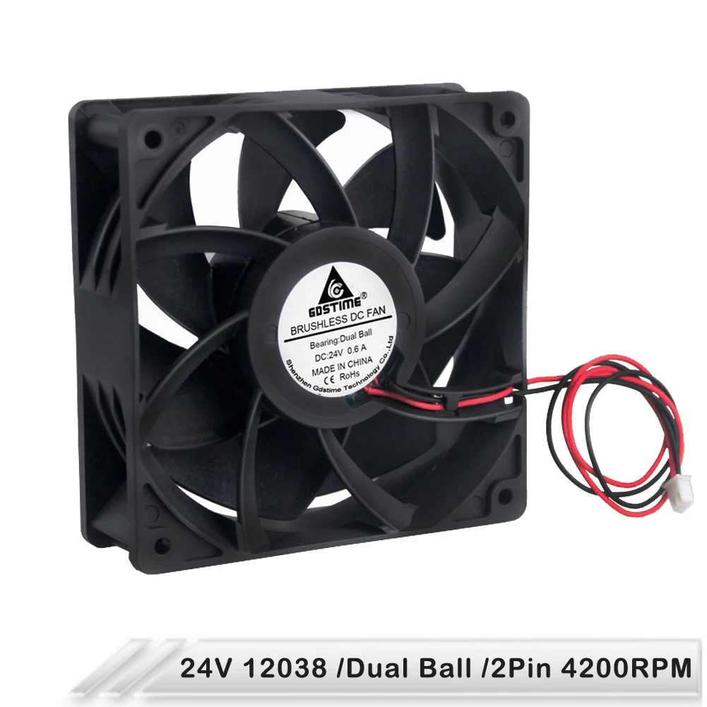 

1pcs Gdstime High Air Pressure 120mm x 38mm DC 24V 2Pin 12cm 12038 Dual Ball Bearing Axial Cooler Cooling Fan 4200RPM 0.6A