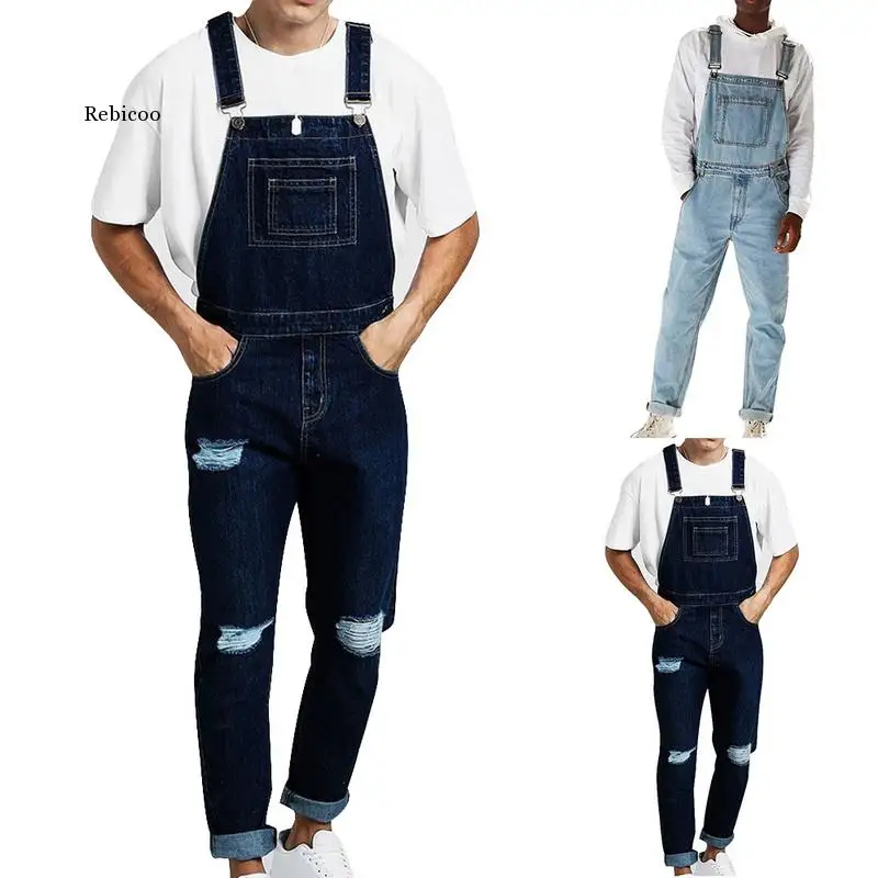 Suspender Pants Men's Jeans Jumpsuits High Street Distressed 2020 Autumn Fashion Denim Male  S-3XL