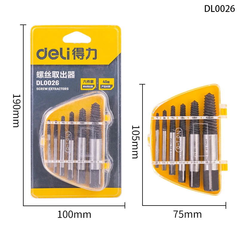 Deli Six-Piece Screw Extractor Damaged Screw Extractor Drill Bit Extractor Bolt Extractor Bolt Stud Remover Tool