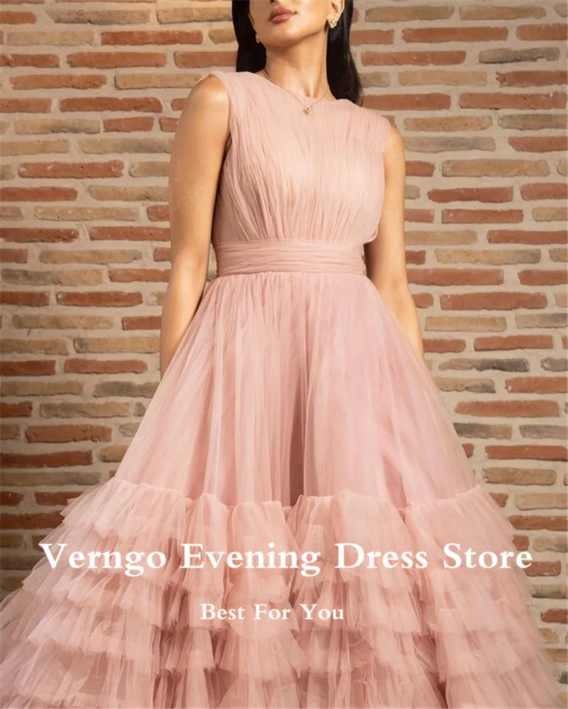 Verngo Blush różowy tiul warstwowe suknie balowe skromna O-Neck warstwowa spódnica drapowana długie suknie wieczorowe kobiety w stylu Vintage formalna sukienka