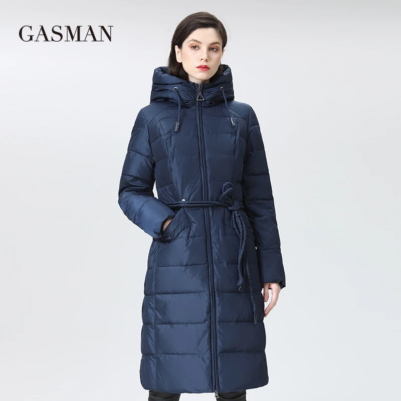 Gasman 2022 jaquetas de inverno das mulheres moda longa marca para baixo jaqueta cinto feminino grande bolso com capuz quente outwear casaco