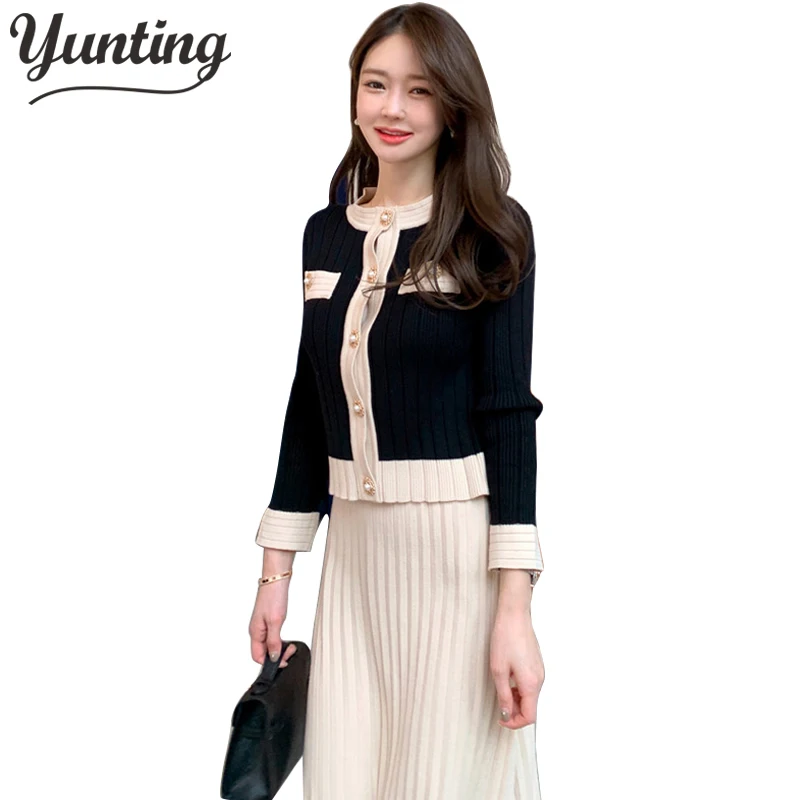 

2023 Autumn Korean Knitted Two Piece Sets Women Long Sleeve Cardigan + Elastic Waist Skirt Suits Outfits