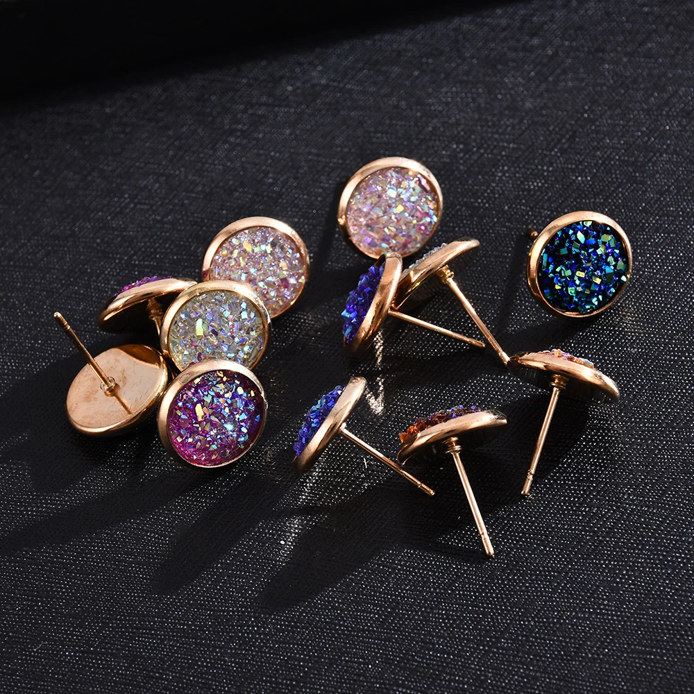 6 Pairs / Lot Colorful Drusy Resin Cabochon Stud Earrings Round Shape Piercing for Women Earrings Set Fashion Jewelry Party Gift