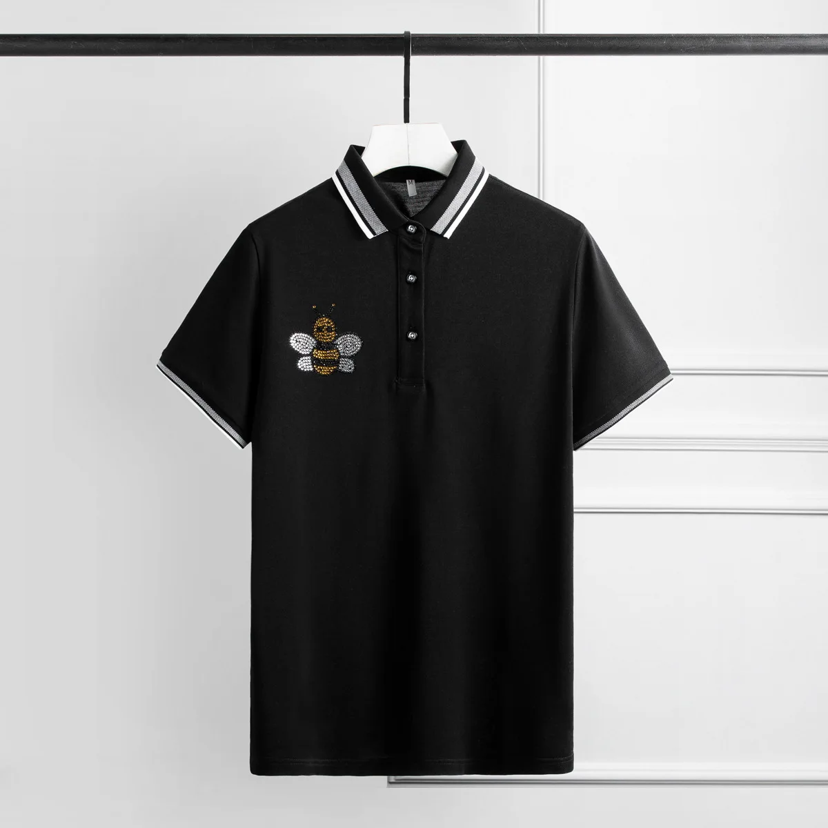 

Mens Luxury Stripe Collar Diamond Crystal Bee Short Sleeve T-shirts Men Plus Size 4xl Slim Fit Party Man T-shirt