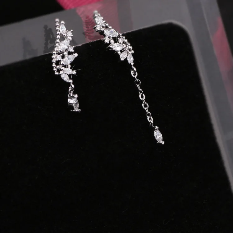 925 Sterling Silver Asymmetric Crystal Wings Drop Earrings For Women Fashion Jewelry Lady Statement Earrings Pendiente