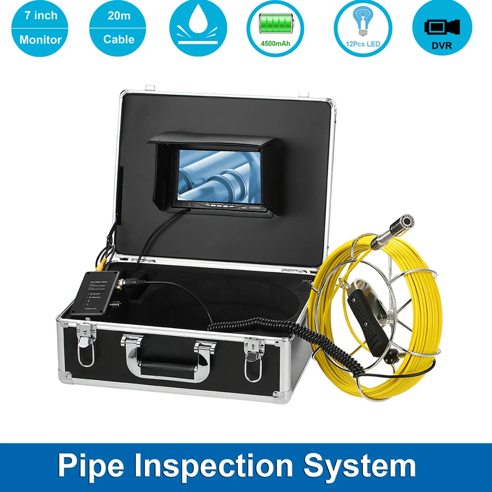 

7inch 20m Cable 1000TVL 23mm Industrial Pipeline Sewer Video Camera Drain Pipe Inspection System 8GB SD Card With DVR Recorder