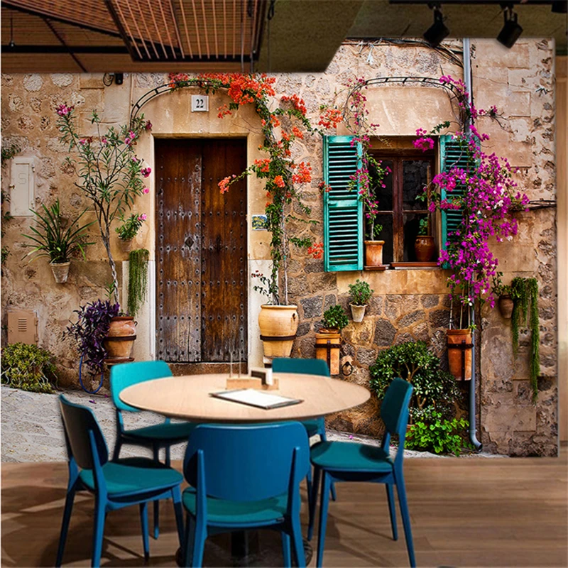 

custom European nostalgic retro 3D wall paper cafe Western restaurant milk tea shop decoration background wallpaper street scene