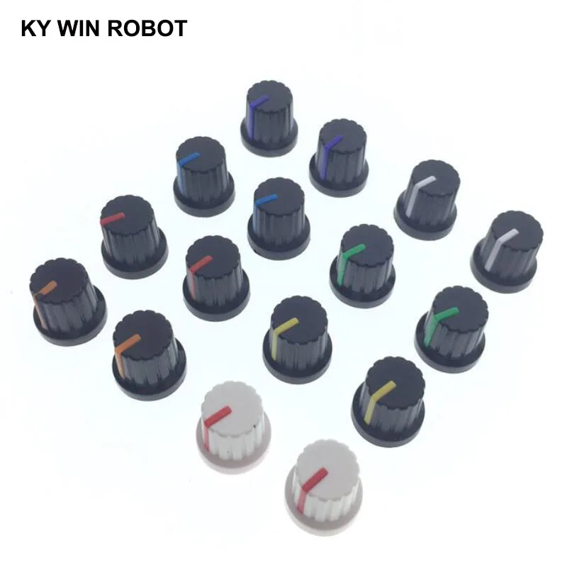 10pcs WH148 potentiometer knob cap 6mm Shaft Hole Assorted Kit White Green Red Blue Yellow Orange Purple DIY Switch Knob 15x15mm