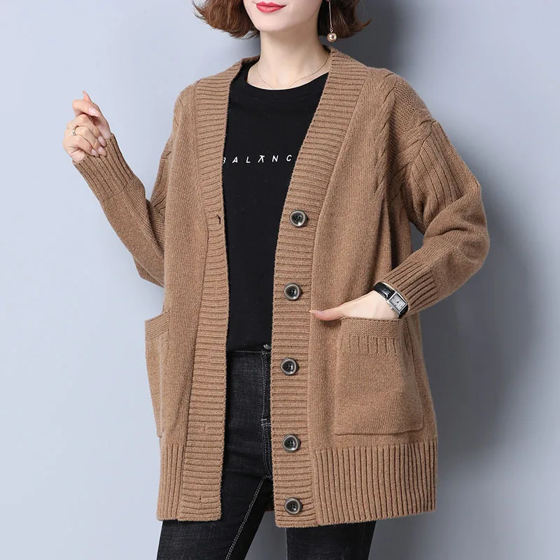 Fdfklak New Fall Winter Long Sleeve Loose Wool Sweater Women\'s Knitted Cardigan Button Single-Breasted Sweater Pull Femme