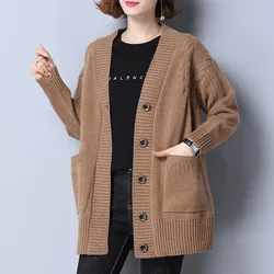 Fdfklak New Fall Winter Long Sleeve Loose Wool Sweater Women's Knitted Cardigan Button Single-Breasted Sweater Pull Femme