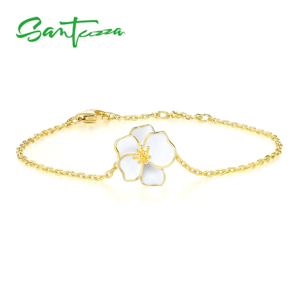 

SANTUZZA Silver Bracelet for Women Pure 925 Sterling Silver Elegant White Orchid Flower Trendy Chic Fine Jewelry HANDMADE Enamel