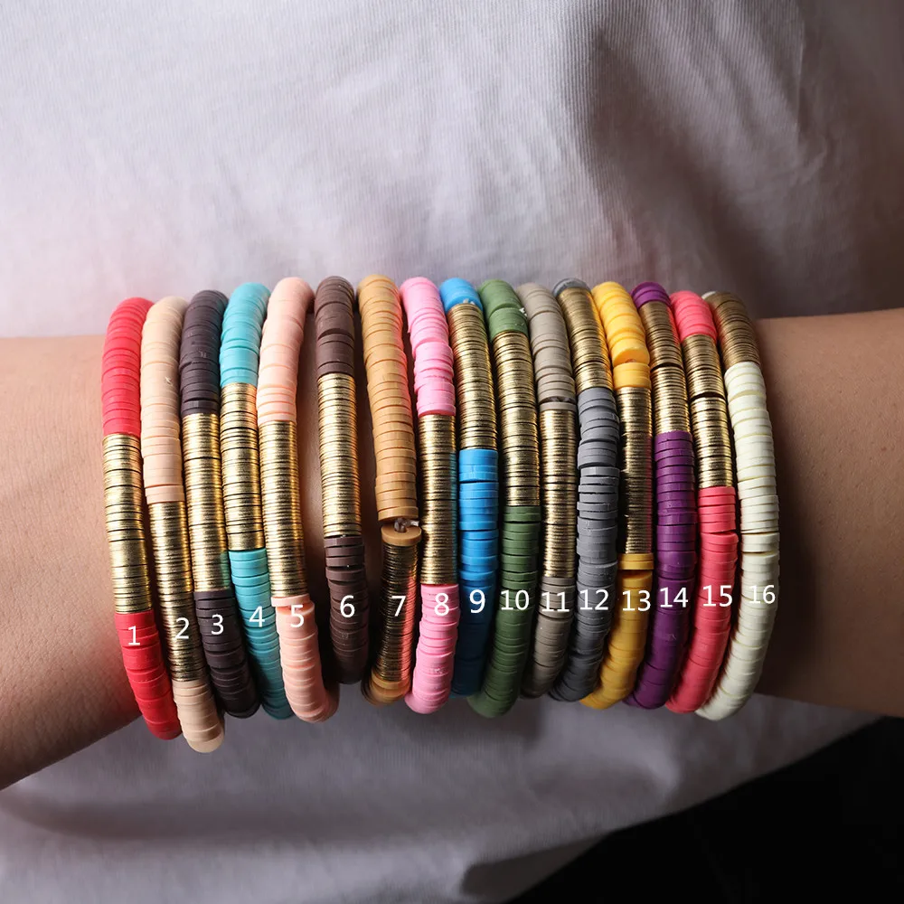 10Pcs Colorful 6mm Polymer Clay Heishi Disc Beads Elastic String Bracelet Bohemia Women Gold Copper Vinyl Beads Bracelet Jewelry