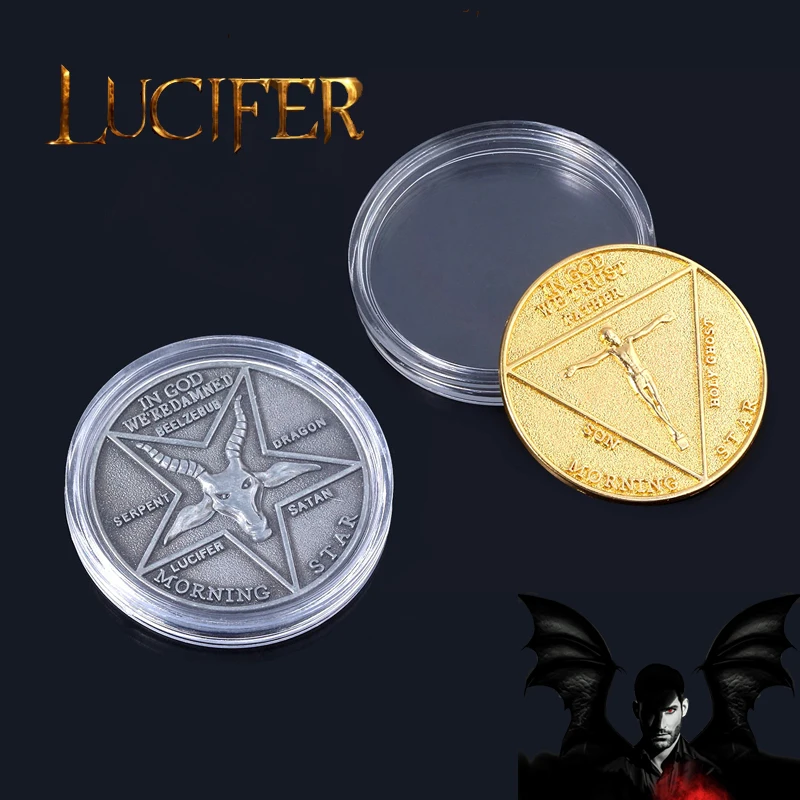 Lucifer Morning Star Satanic Coin Five-Pointed Star Sheep Brass Old Silver Medal Collection Craft Coin with Box