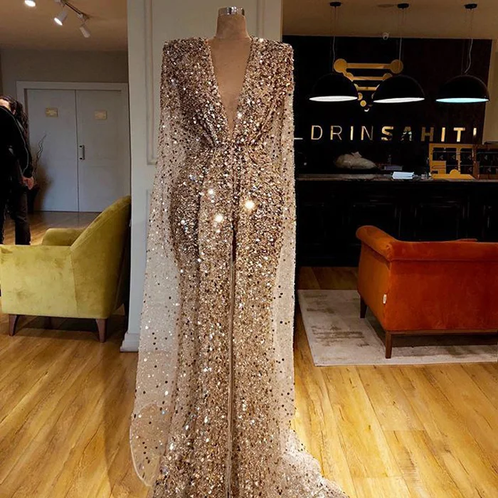 

2021 Gold Sequins Prom Dresses Sparkly V Neck Mermaid Evening Gowns Formal Pageant Party Dress vestidos de novia