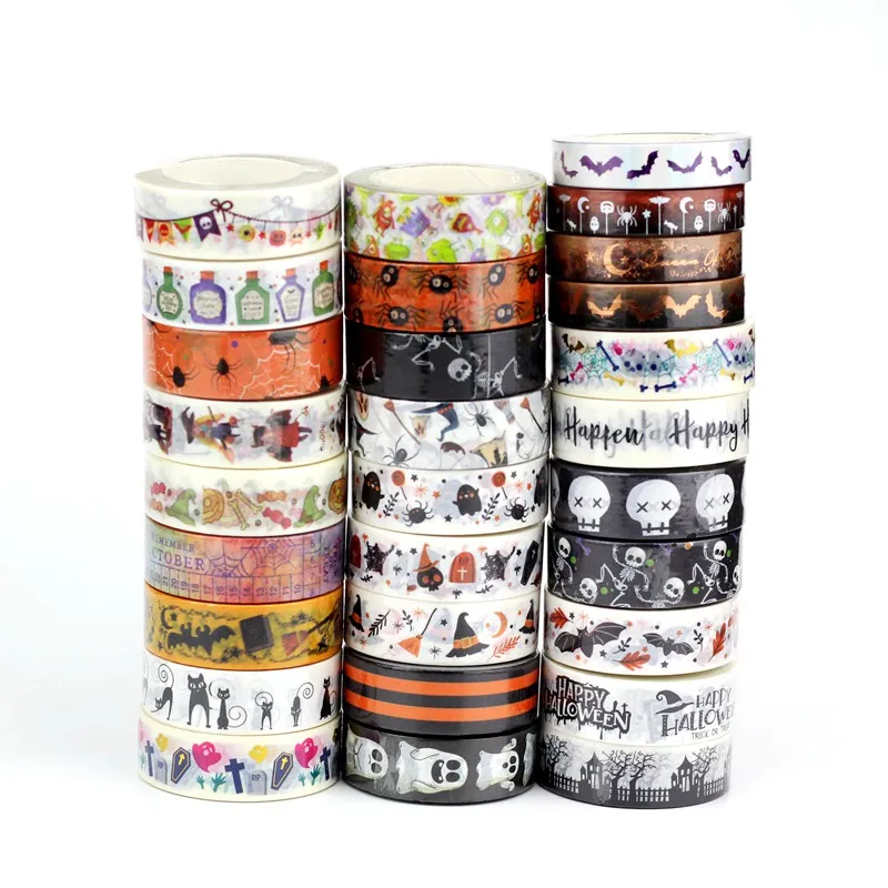 1PC. 10M Decorative Skull Skeleton Black Cat Pumpkin Bat Spider Halloween Washi Tape Set Planner Masking Tape Cute Stationery