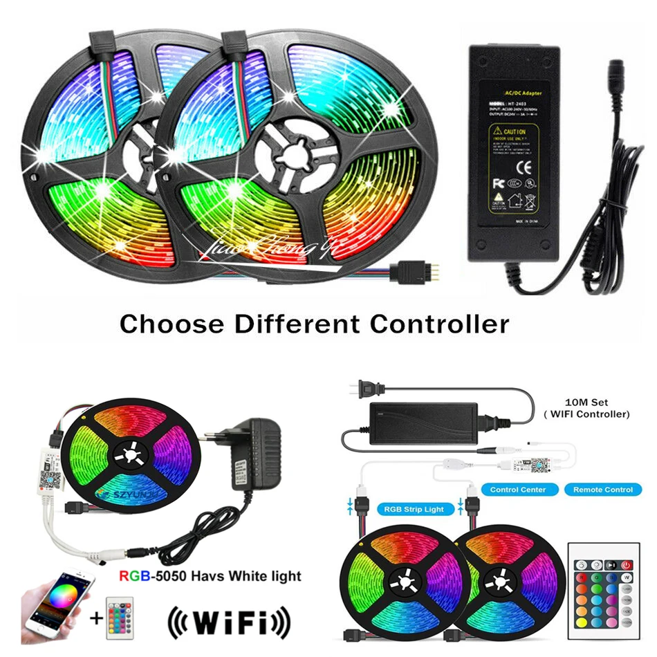 

DC12V 5050 LED Strip Light RGB SMD 150LEDs/5M 12V Flexible Ribbon 24key rgb WiFi Contoller+ LED power supply Adapte