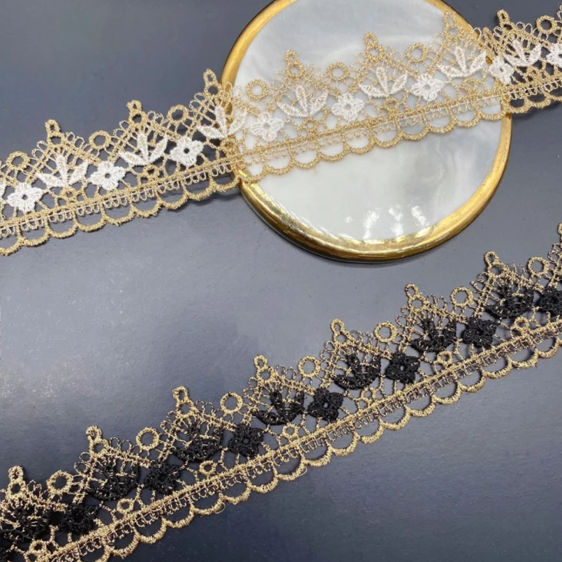 5Yds 3.6cm Wide Golden Wavy Edge Black,White Flower Fabric Diy Wedding Gold Thread Embroidery Lace Accessories Doll Dress,Bra,