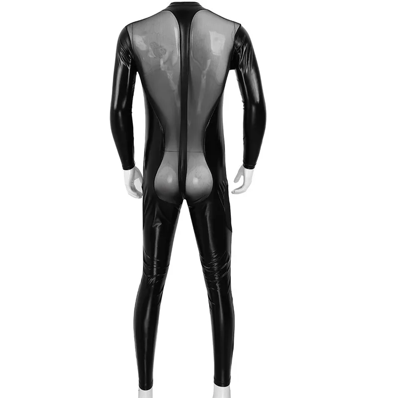 Unisex One Piece Mens Wet Look PVC Leather Clubwear High Neck Long Sleeves Zipper Front Mesh Splice Full Body Bodysuit Leotard