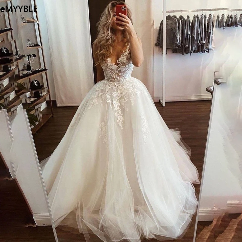 2022 nuovi abiti da sposa scollo a v senza maniche abiti da sposa da spiaggia Boho Tulle Lace Appliques Plus Size Princess Party Dress