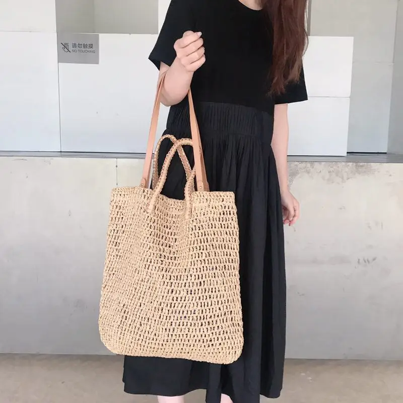 Weaving Hollow Paper Straw Bag Shoulder Bag Female Beach Bag, Girl Fashion Travel Bag Women Casual Tote