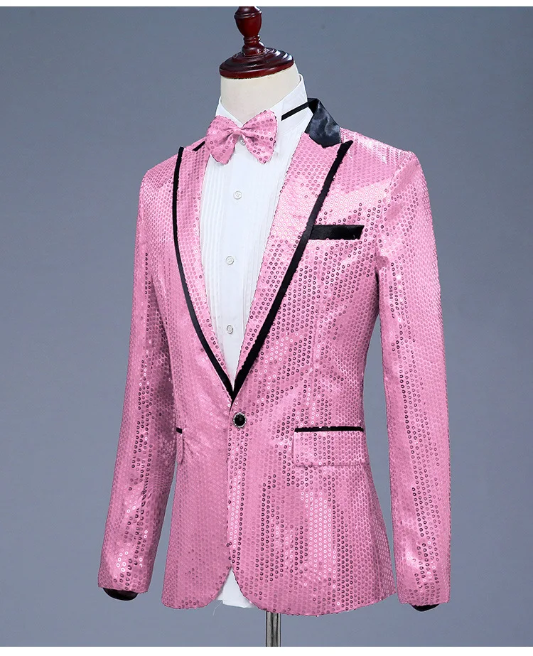 Pink Sequin One Button Dress Blazers 2022 Brand New Nightclub Prom Men Suit Jacket Wedding Stage Singer Costume (Bowtie Include)