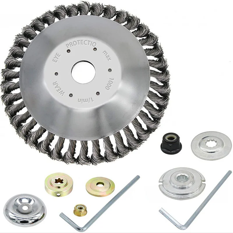 Tondeuse à gazon avec roue en fil d'acier torsadé de 8 pouces, accessoires de tête de coupe en fil d'acier de 6 pouces, outils de jardin, brosse de désherbage