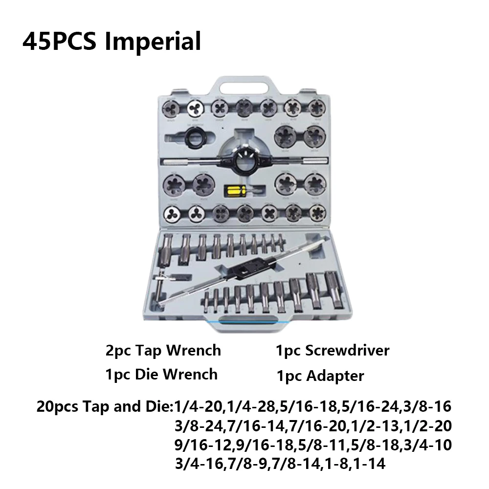 Imagem -02 - Torneira e Morrer Conjunto 45 110 Peças Métrica Imperial Rosca Torneiras de Aço de Liga para Ferramentas de Mão Metalurgia Parafuso Torneira da Rosca e Morrer
