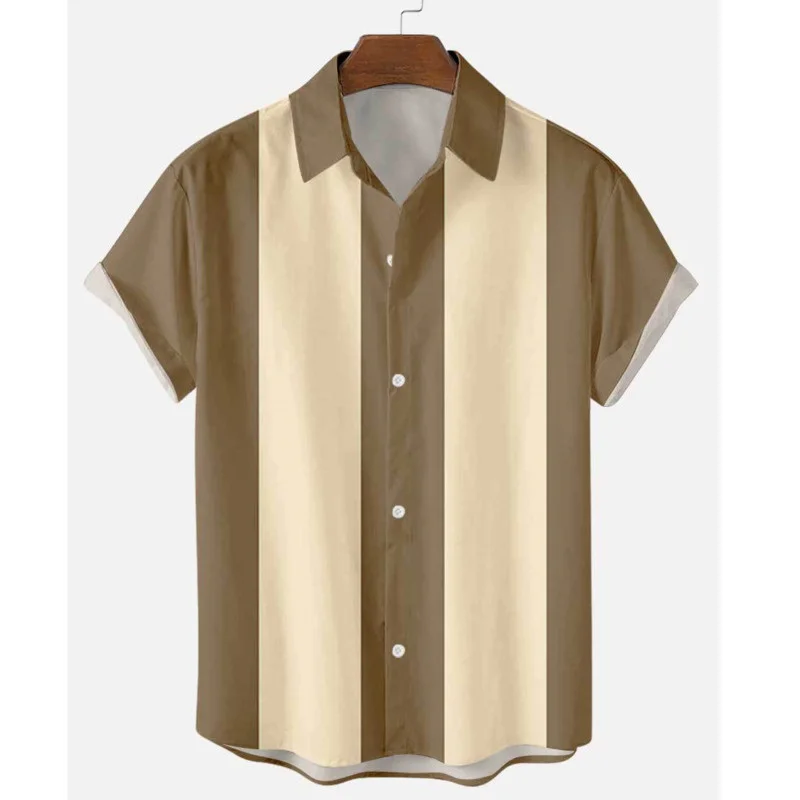 Men\'s 50s Shirt Vertical Striped Shirts for Men Button Up Shirts Short Sleeve Blouse Plus Size S-6XL Mens Bowling Dress Shirts