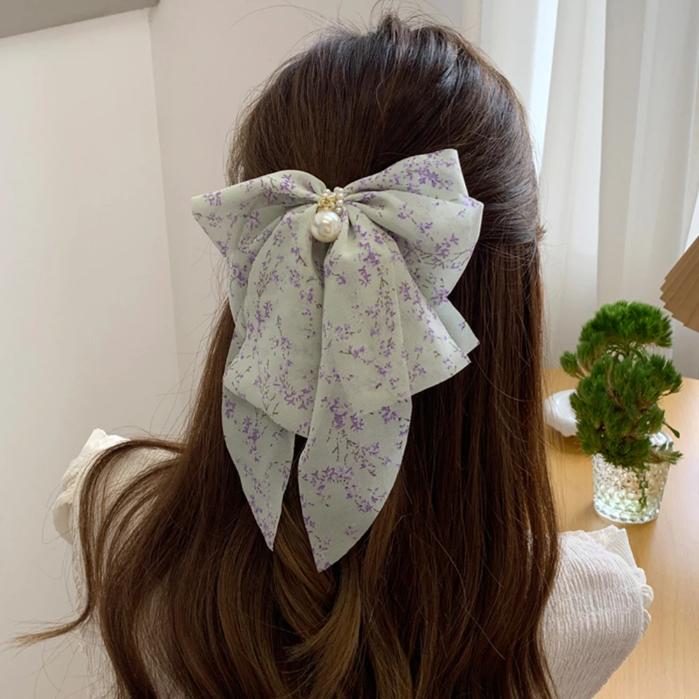 Ladies Bow Hair Accessories Fashion Hairgrip Chiffon Ribbon Hairpins Spring Ponytail Barrettes Pearls Women Girls Hair Clips Tie