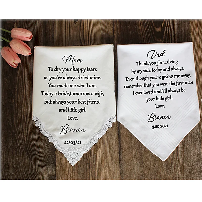 Custom wedding hankies,Personalised Wedding Handkerchief Gift for Parents,Mother of the Bride Gift,Father of the Bride Gift Set