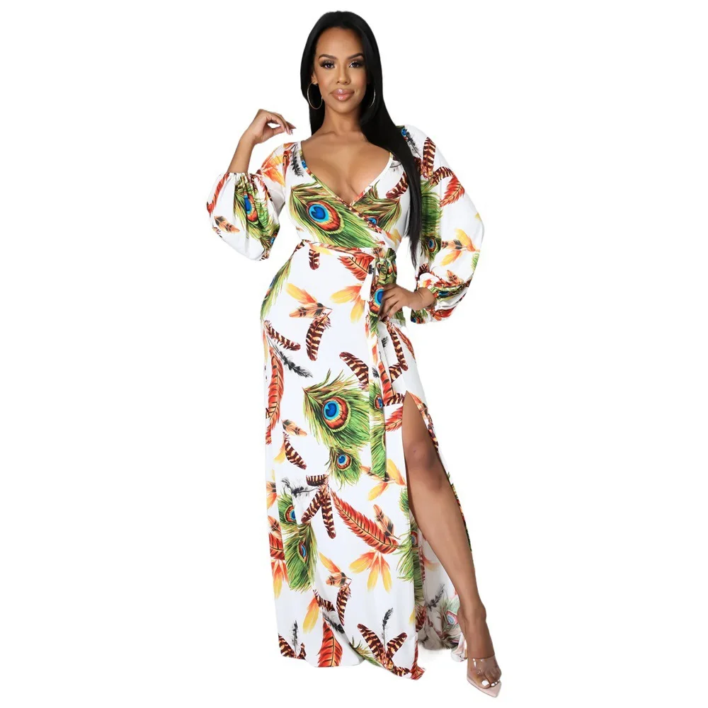 

Summer Women Leaves Printed Sexy V-Neck Dresses Long Sleeve With Belt Female Elegant Wrap Dress 2021 Autumn Casual Vestidos