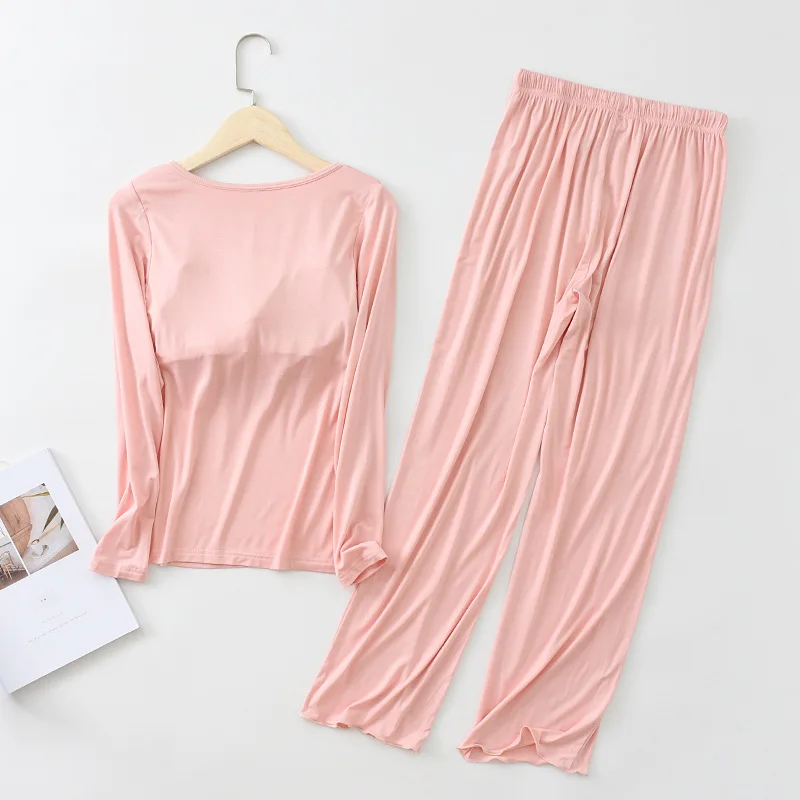 New Women\'s Autumn Winter Pajamas Sets Chest Pad Long Sleeve Sleepwear Ladies Pijama Long Pant Cotton Two Piece Pyjamas Women