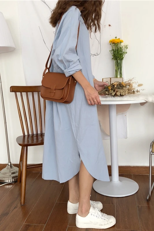 Long Dress Autumn Long Sleeve Shirt Women Casual Turn Down Collar Lady White Blue Oversize Loose Maxi Dresses Cotton Streetwear