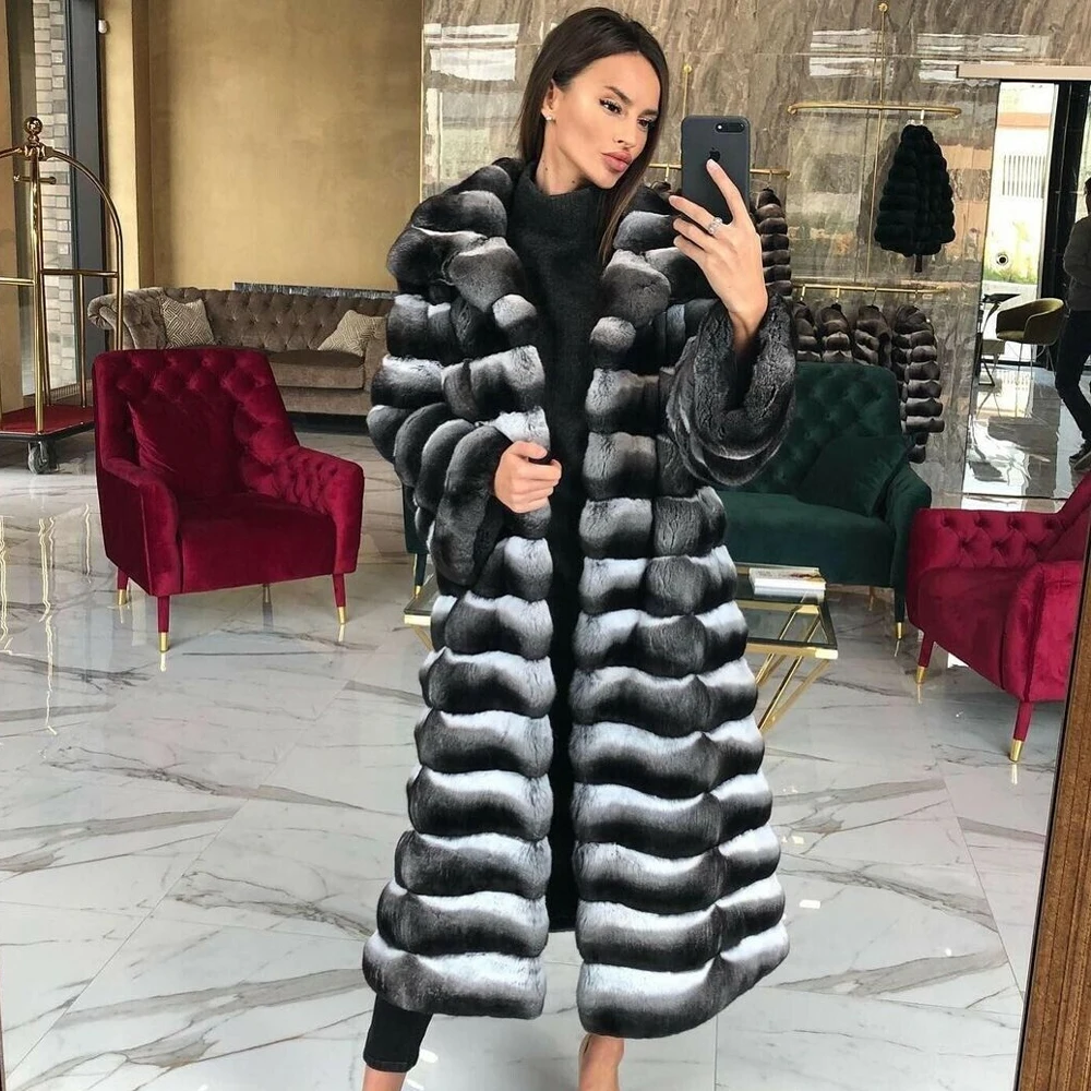 Women Fashion X-long Real Rex Rabbit Fur Coats with Turn-down Collar 2022 New Trendy Genuine Rex Rabbit Fur Coat Female Outwear