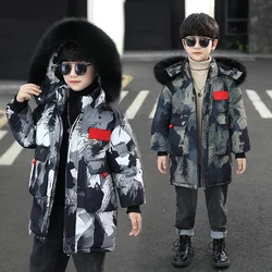 4-12 year old winter new boys' camouflage down jacket children's thickened medium and long large wool collar cotton jacket