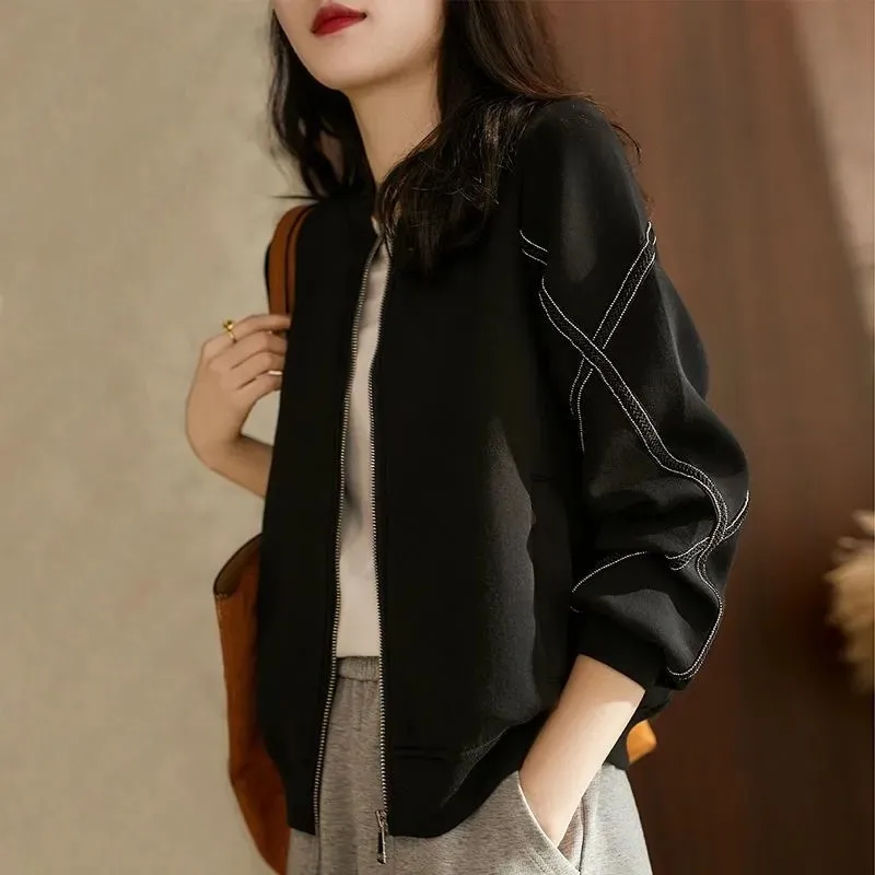 Casual Black Women\'s Bomber Jackets 2023 Korean Fashion Oversize Spring Fall Chaquetas Long Sleeves Baseball Cropped Outerwear