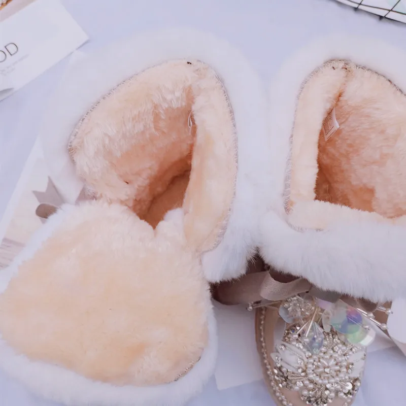 Pearl Bead Snow Boots Women Princess Rabbit Fur Warm Winter Boots 2023 Bling Rhinestone Crystal Ankle Booties Winter Shoes Woman