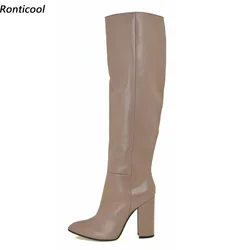 Ronticool Hot Women Winter Knee Boots Faux Leather Block Heels Round Toe Apricot White Black Fuchsia Party Shoes US Size 5-20