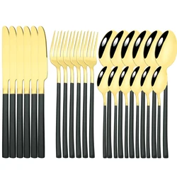 Tableware Spoon Fork Knife Golden Cutlery Dinnerware Set 24 Pieces Dinnerware Set with Tea Fork Black Gold Kitchen Silverware