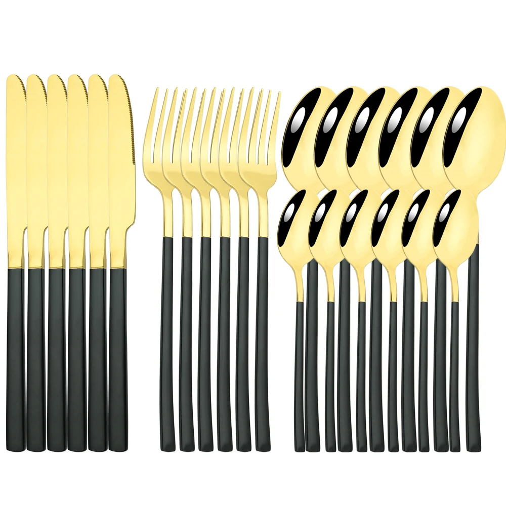 Tableware Spoon Fork Knife Golden Cutlery Dinnerware Set 24 Pieces Dinnerware Set with Tea Fork Black Gold Kitchen Silverware