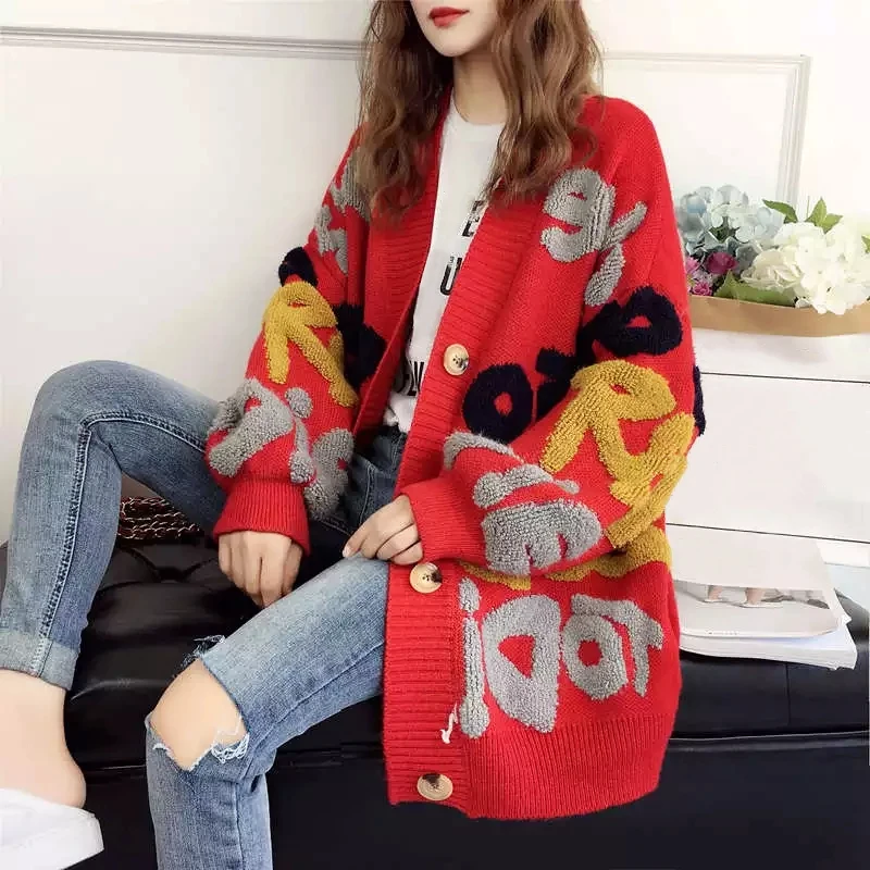 Letter Pattern Knitted Sweater Women Winter New Korean Oversized Long Sleeve Single Breasted Thick Fashion Loose Cardigan 2023