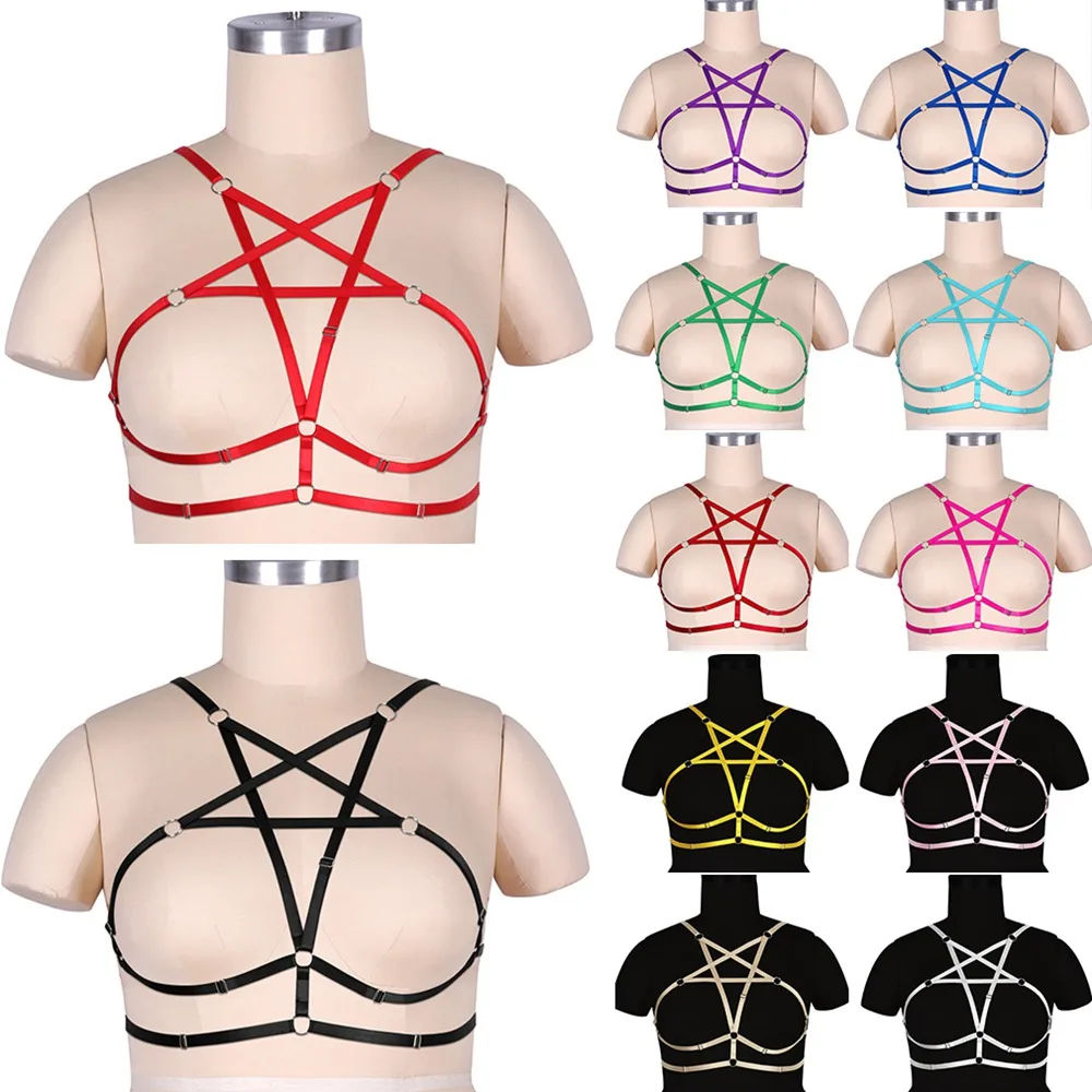 

Erotic Busty Women Pentagram Body Harness Plus Size Lingerie Tops Cage Elastic Bondage Suspender Belt Garters Pole Dance Clothes