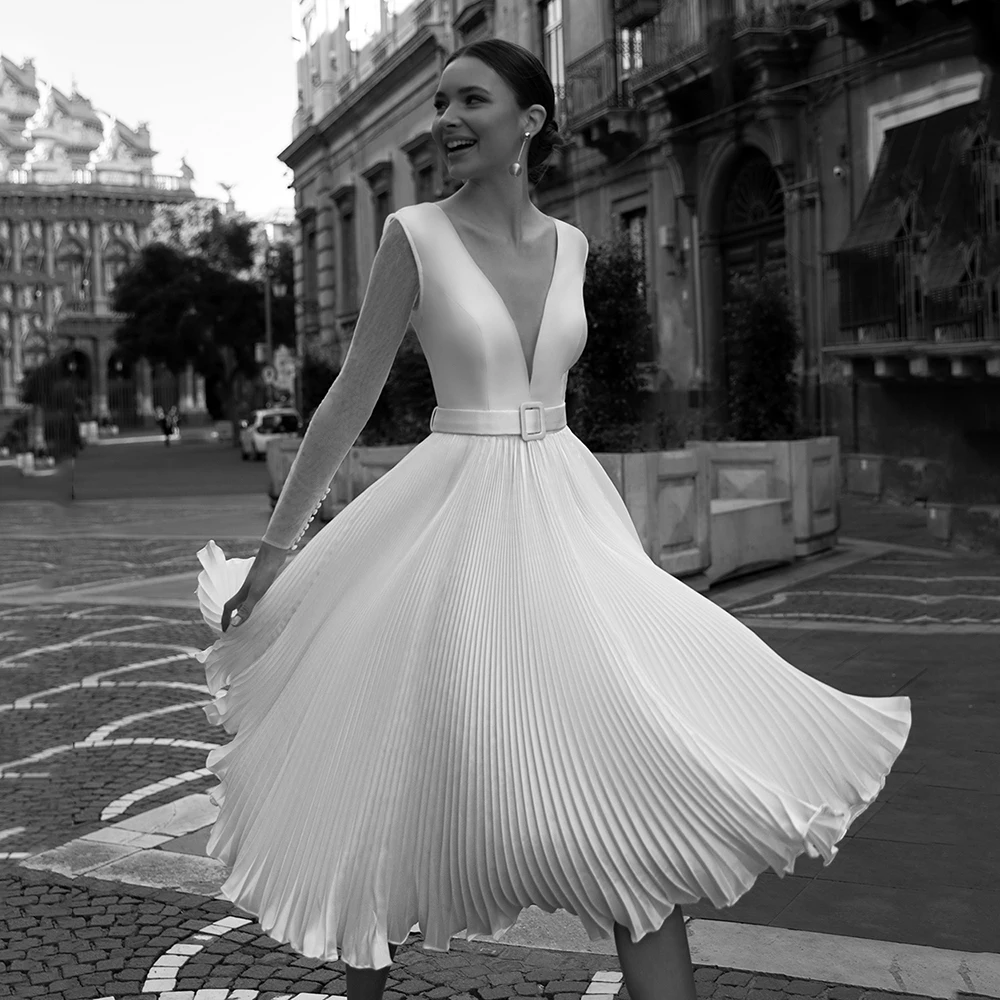 Vestido De novia elegante con cuello en V, vestido De novia De corte en A, manga larga, con volantes, talla grande, hasta la rodilla, 2021