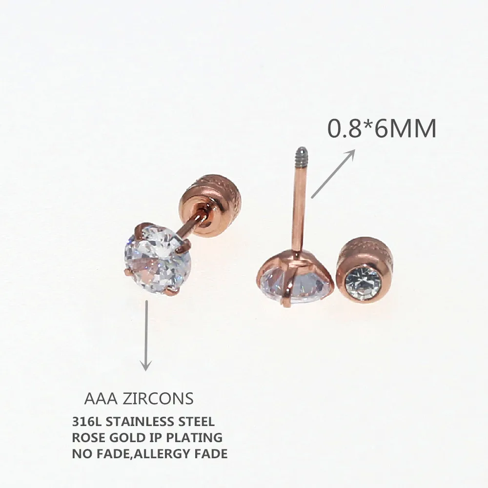 Stainless Steel Rose-gold Plating Screw Earrings With AAA Round Zircon Earring 3/4/5mm No Fade Allergy Free Quality Jewelry