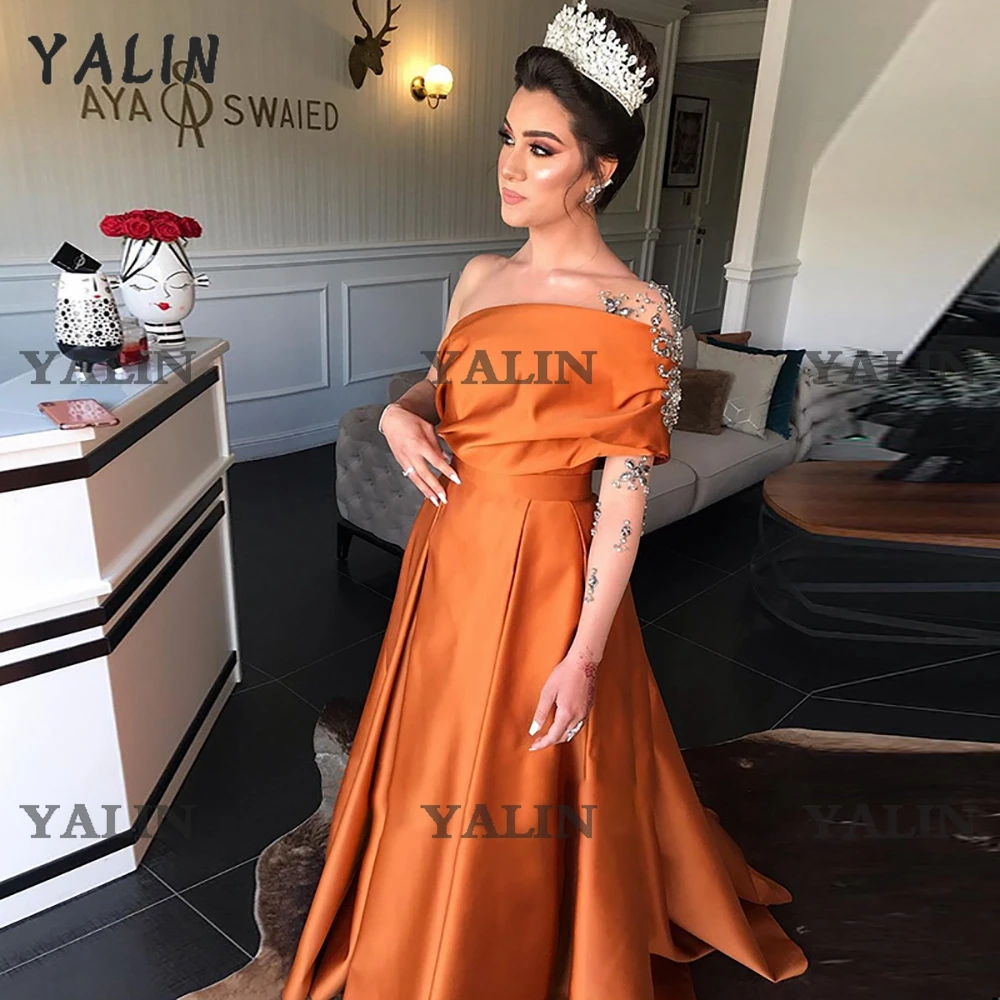 Robe de Soirée Arabe en Satin Orange, Personnalisée, Musulmane, à Manches Perlées, Sur Mesure, Formelle, pour Mariage