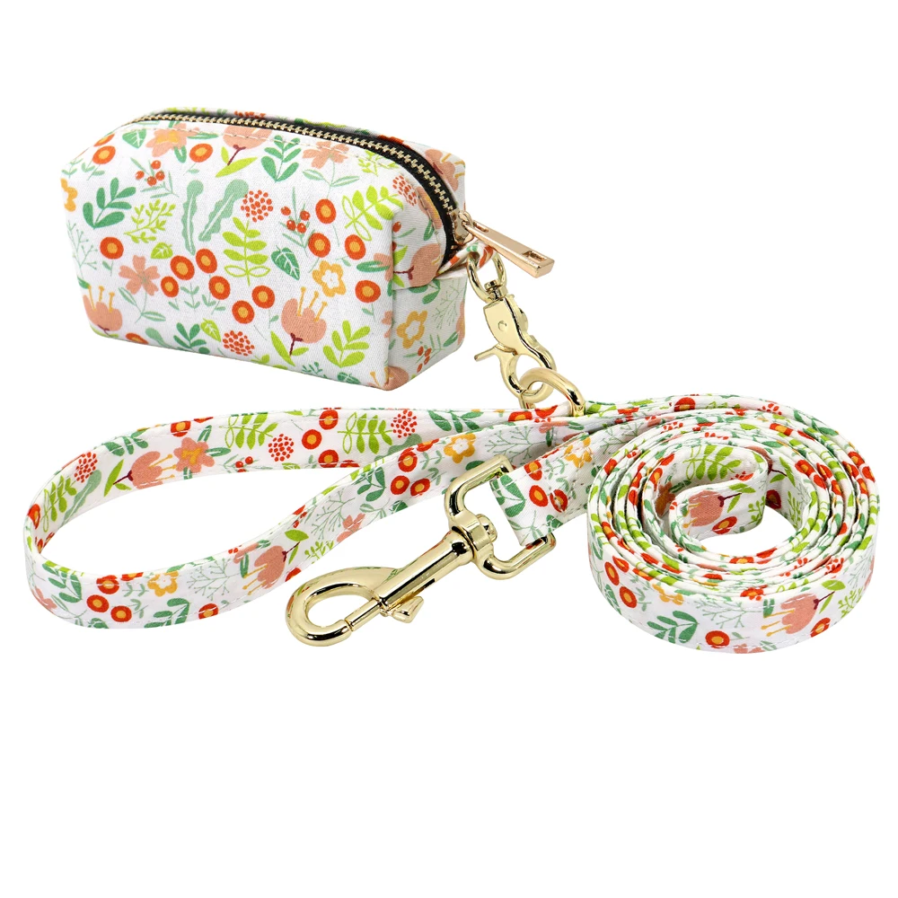 Flower Printed Dog Leash With Bag Small Medium Large Dog Pet Leashes Floral Print Nylon Dog Lead with Treat Bag Snack Bag